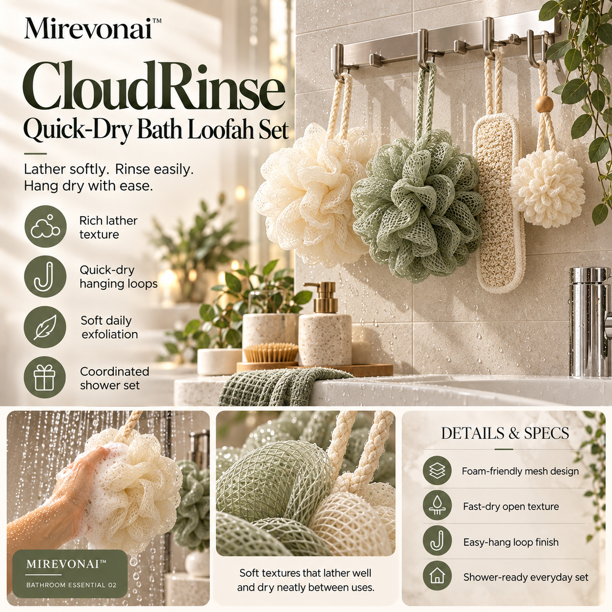 Lorienzr™ CloudRinse Quick-Dry Bath Loofah Set